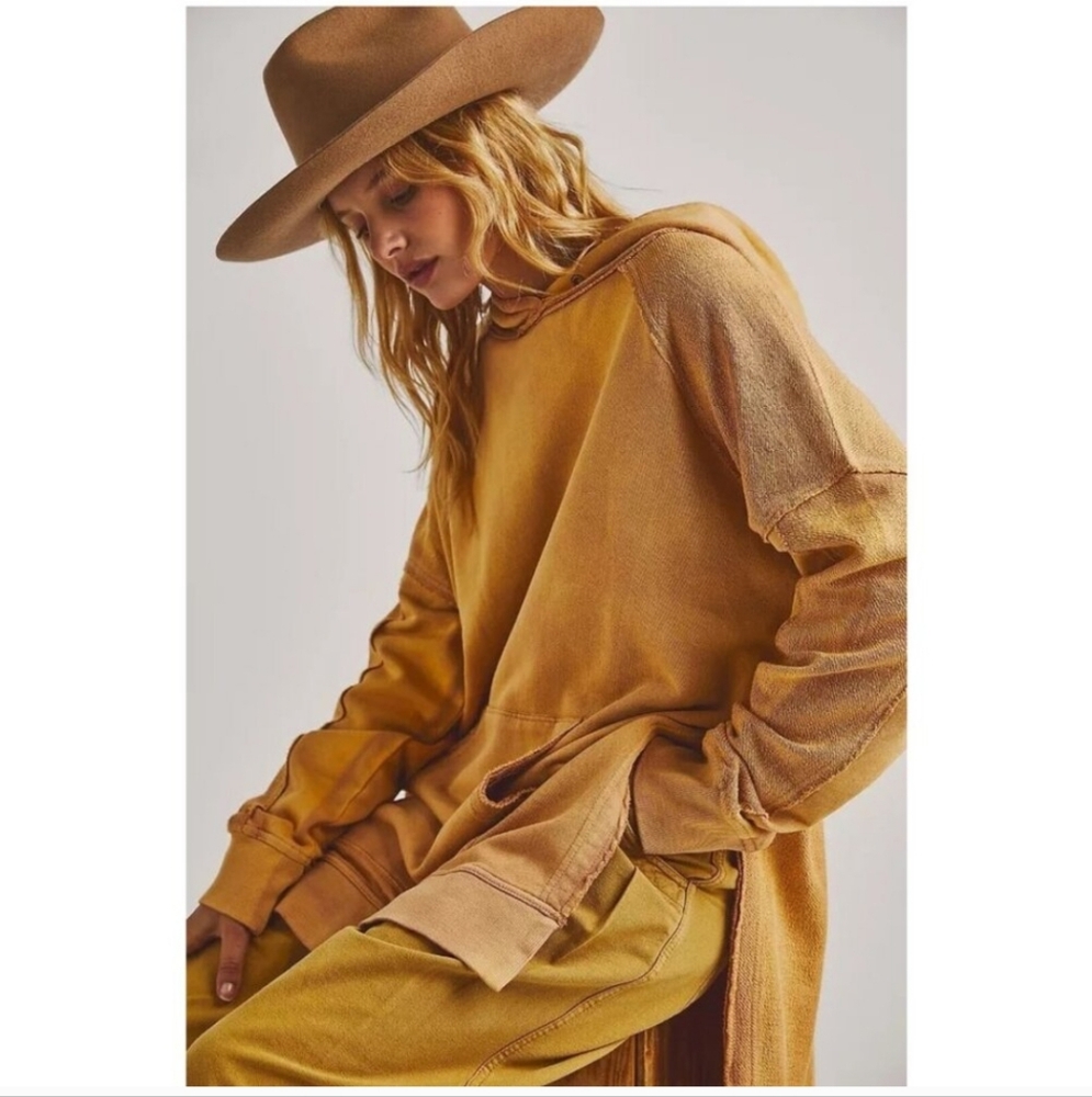 Free People Golden Yellow Boho Zoe Tunic Hoodie Artfully Distressed